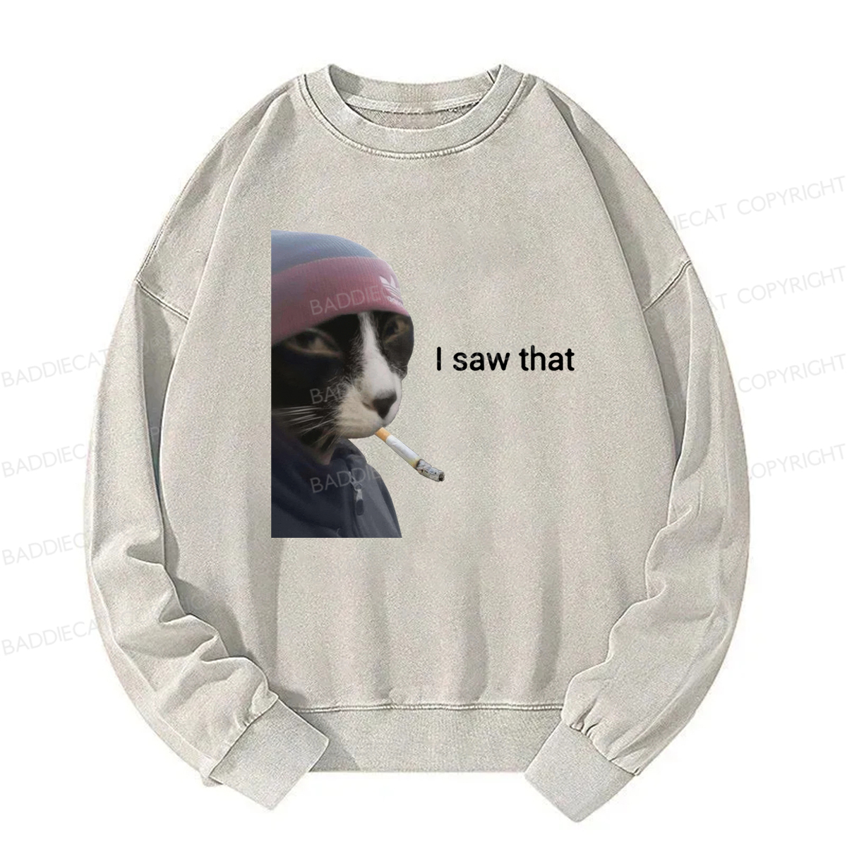Baddiecat I Saw That Smoking Cat Meme Washed Sweatshirt