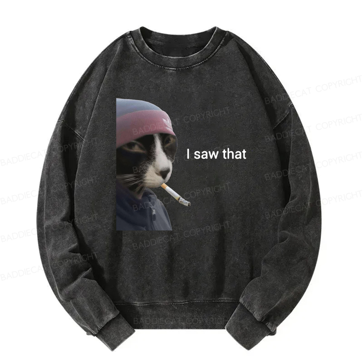 Baddiecat I Saw That Smoking Cat Meme Washed Sweatshirt