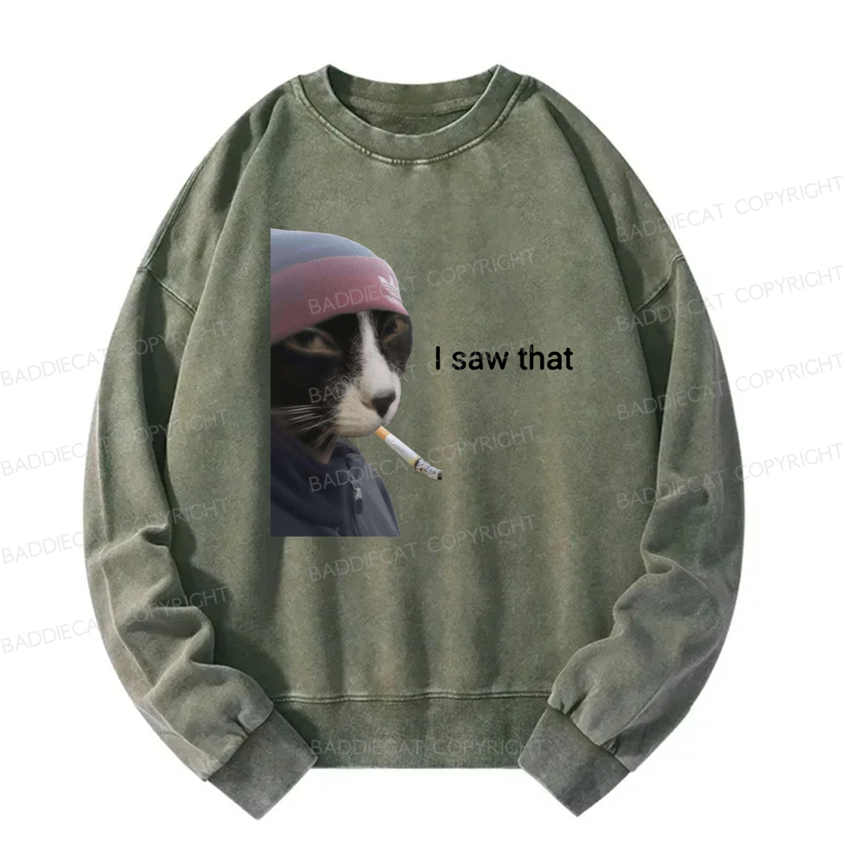 Baddiecat I Saw That Smoking Cat Meme Washed Sweatshirt
