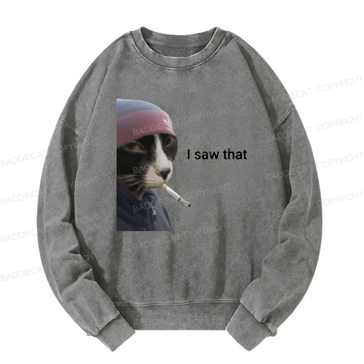 Baddiecat I Saw That Smoking Cat Meme Washed Sweatshirt