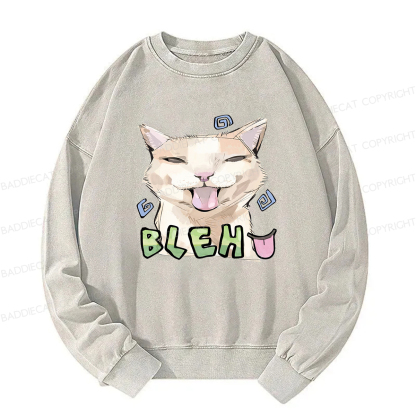 Baddiecat Bleh Playful Funny Cat Meme Washed Sweatshirt