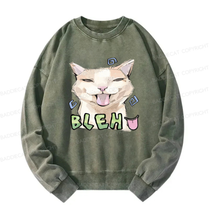 Baddiecat Bleh Playful Funny Cat Meme Washed Sweatshirt