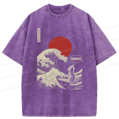 Baddiecat Cat Surfing Great Wave Bruh Washed T-shirt