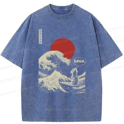 Baddiecat Cat Surfing Great Wave Bruh Washed T-shirt