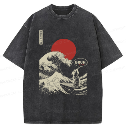 Baddiecat Cat Surfing Great Wave Bruh Washed T-shirt