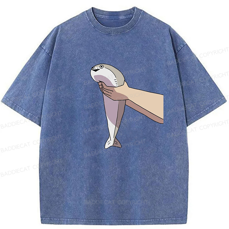 Baddiecat Holding A Fish In Both Hands Washed T-Shirt