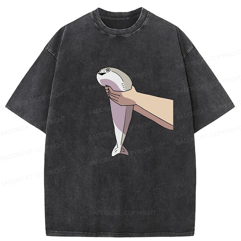 Baddiecat Holding A Fish In Both Hands Washed T-Shirt