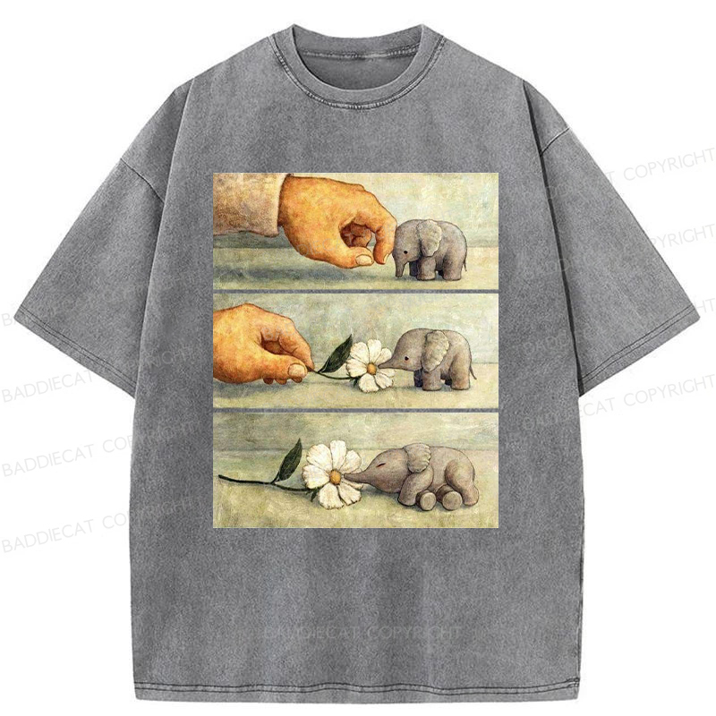 Baddiecat Hand And Baby Elephant With Flower Washed T-Shirt