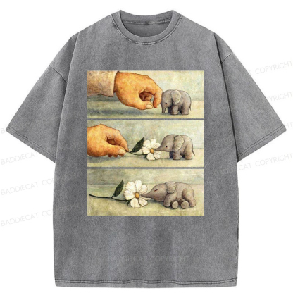 Baddiecat Hand And Baby Elephant With Flower Washed T-Shirt