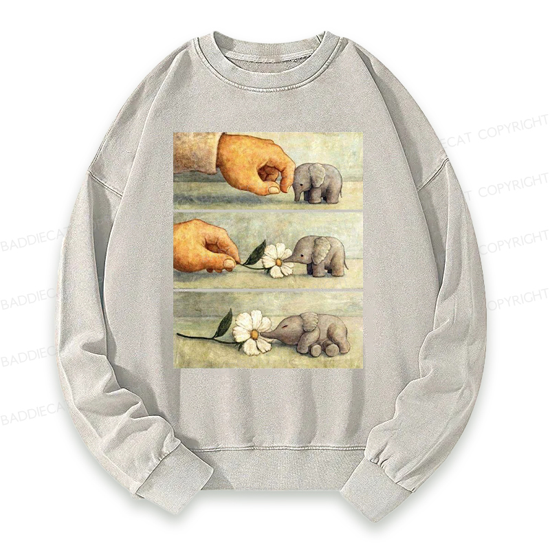 Baddiecat Hand And Baby Elephant With Flower Washed Sweatshirt