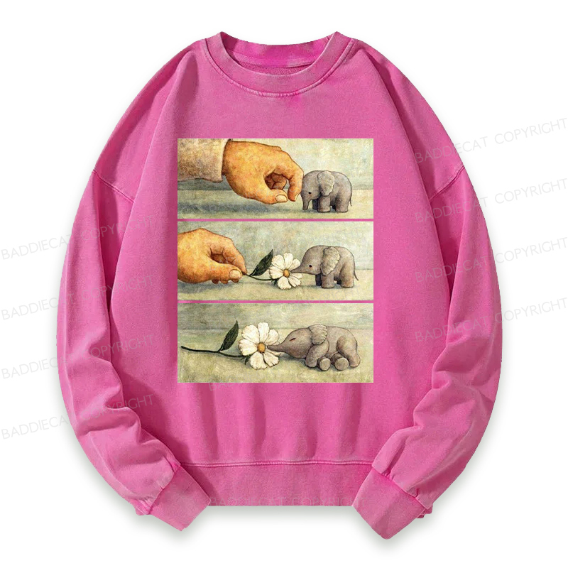 Baddiecat Hand And Baby Elephant With Flower Washed Sweatshirt