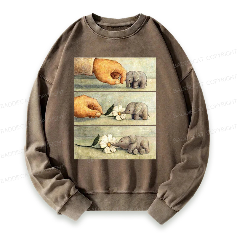 Baddiecat Hand And Baby Elephant With Flower Washed Sweatshirt