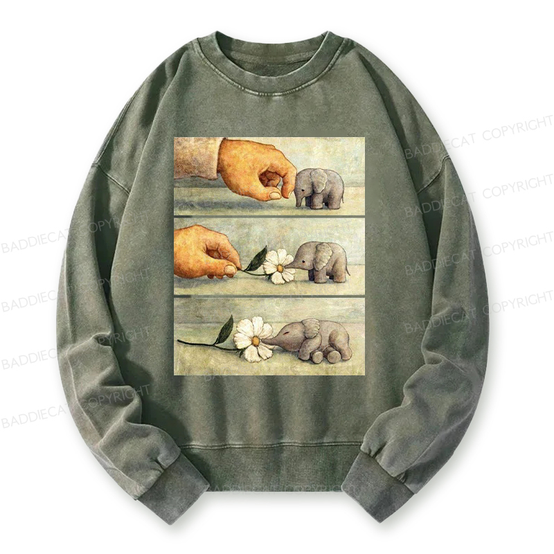Baddiecat Hand And Baby Elephant With Flower Washed Sweatshirt