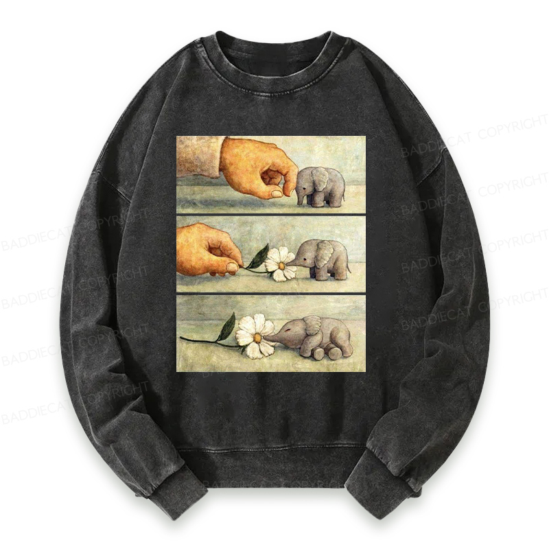 Baddiecat Hand And Baby Elephant With Flower Washed Sweatshirt