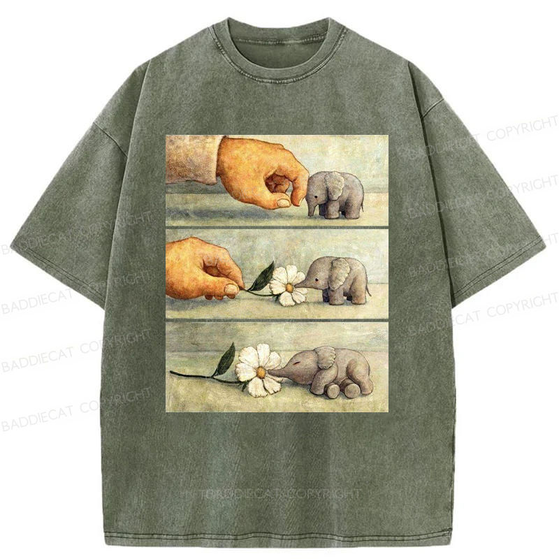 Baddiecat Hand And Baby Elephant With Flower Washed T-Shirt