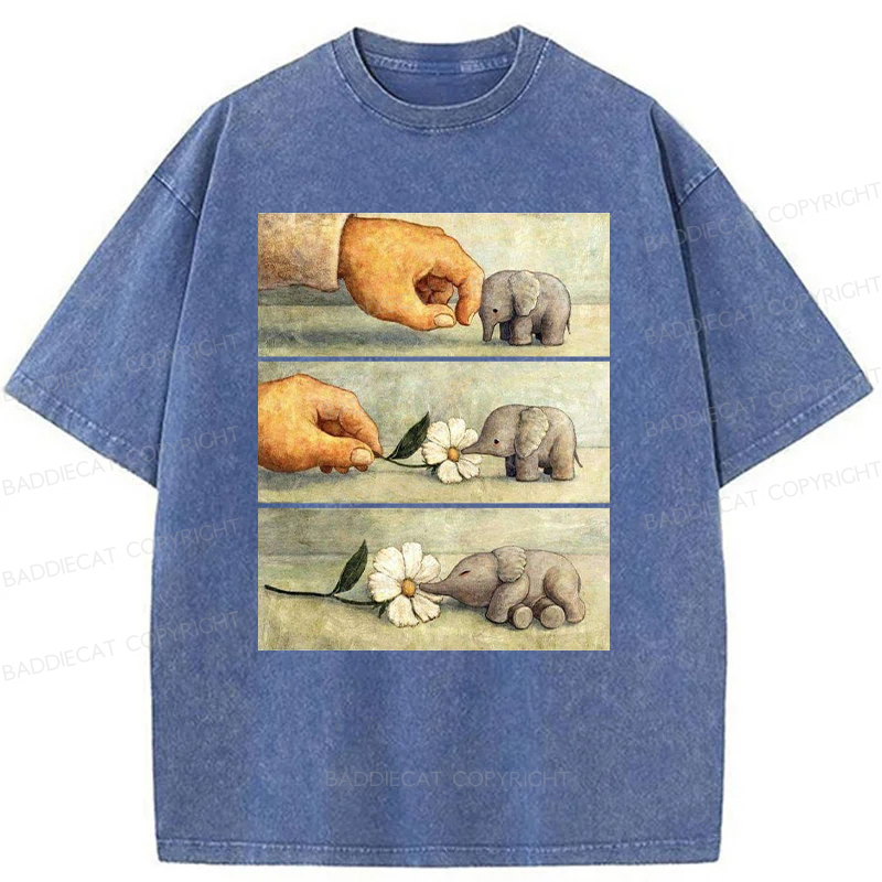 Baddiecat Hand And Baby Elephant With Flower Washed T-Shirt