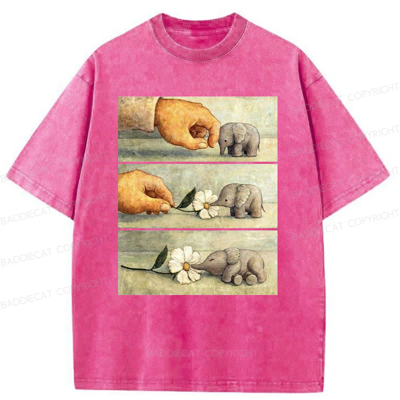 Baddiecat Hand And Baby Elephant With Flower Washed T-Shirt