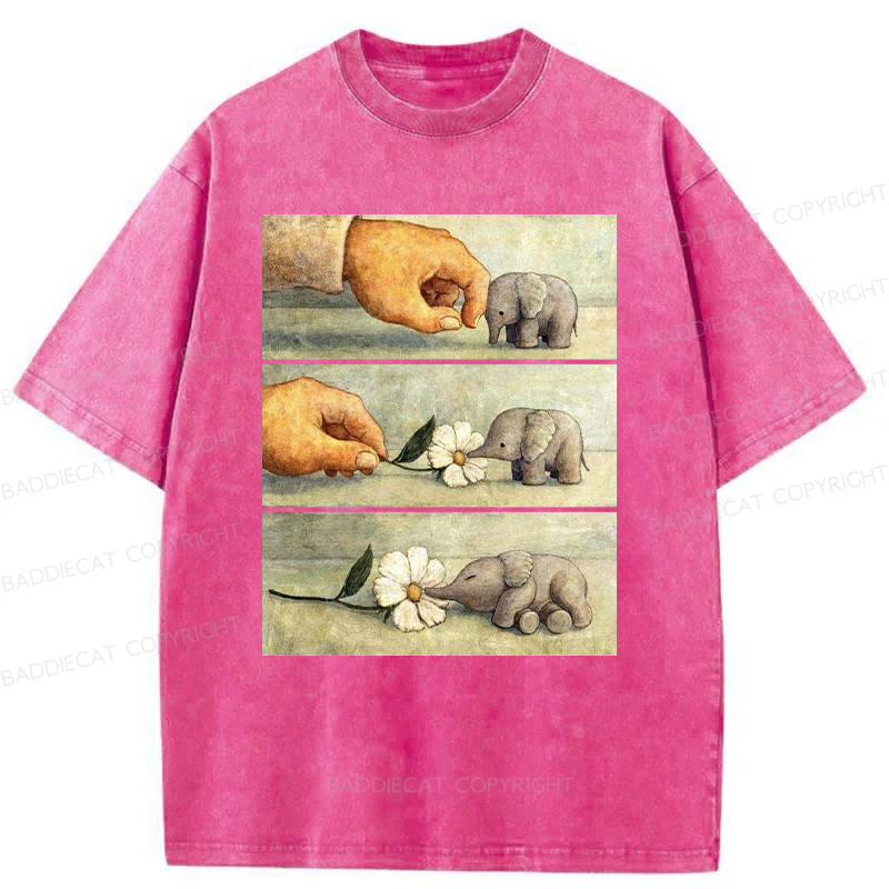 Baddiecat Hand And Baby Elephant With Flower Washed T-Shirt