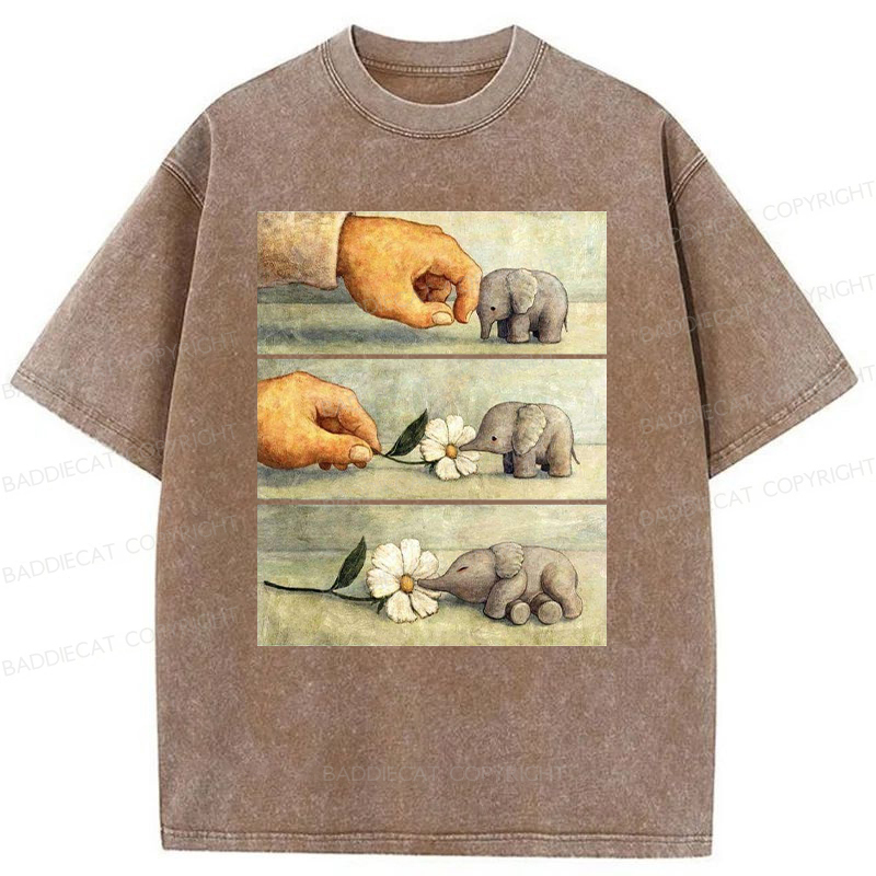 Baddiecat Hand And Baby Elephant With Flower Washed T-Shirt