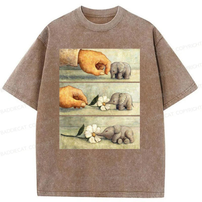 Baddiecat Hand And Baby Elephant With Flower Washed T-Shirt