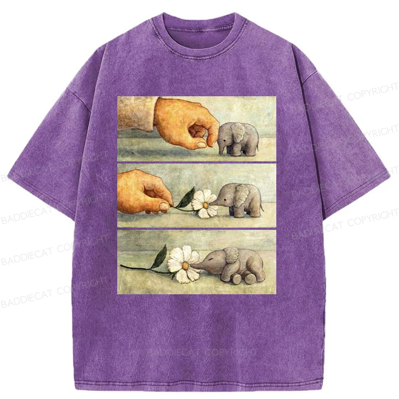 Baddiecat Hand And Baby Elephant With Flower Washed T-Shirt