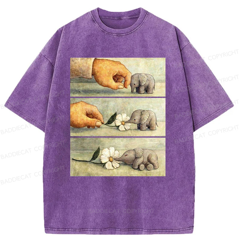 Baddiecat Hand And Baby Elephant With Flower Washed T-Shirt