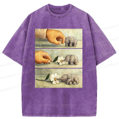 Baddiecat Hand And Baby Elephant With Flower Washed T-Shirt