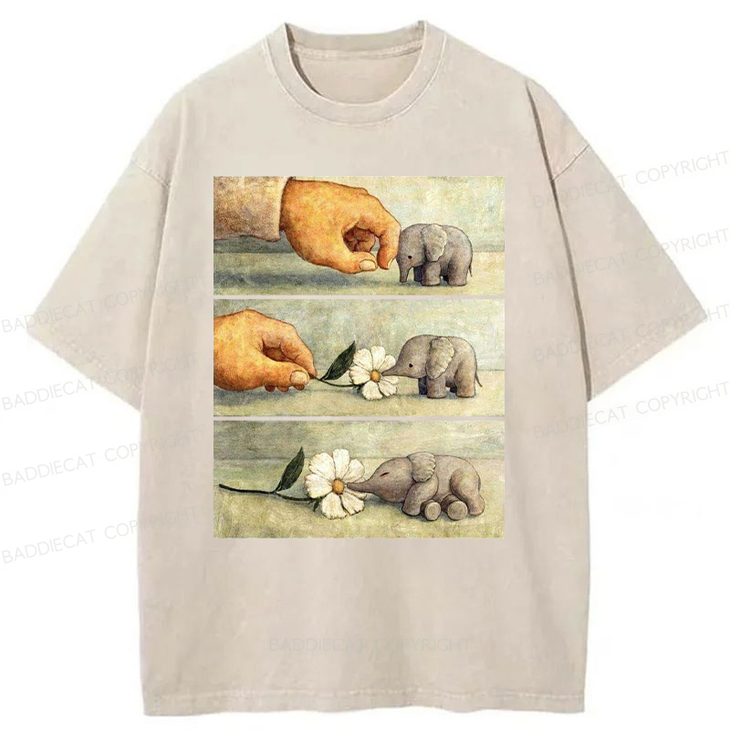 Baddiecat Hand And Baby Elephant With Flower Washed T-Shirt