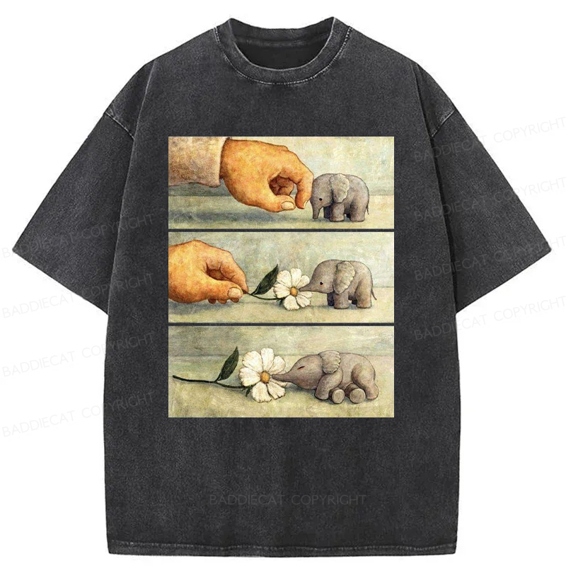 Baddiecat Hand And Baby Elephant With Flower Washed T-Shirt