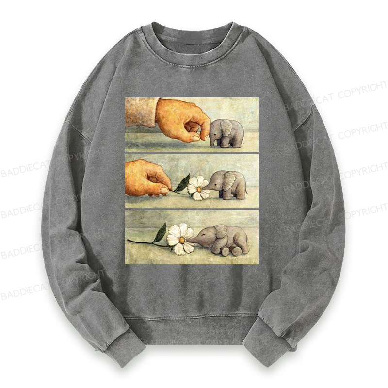 Baddiecat Hand And Baby Elephant With Flower Washed Sweatshirt