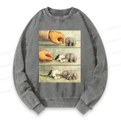Baddiecat Hand And Baby Elephant With Flower Washed Sweatshirt