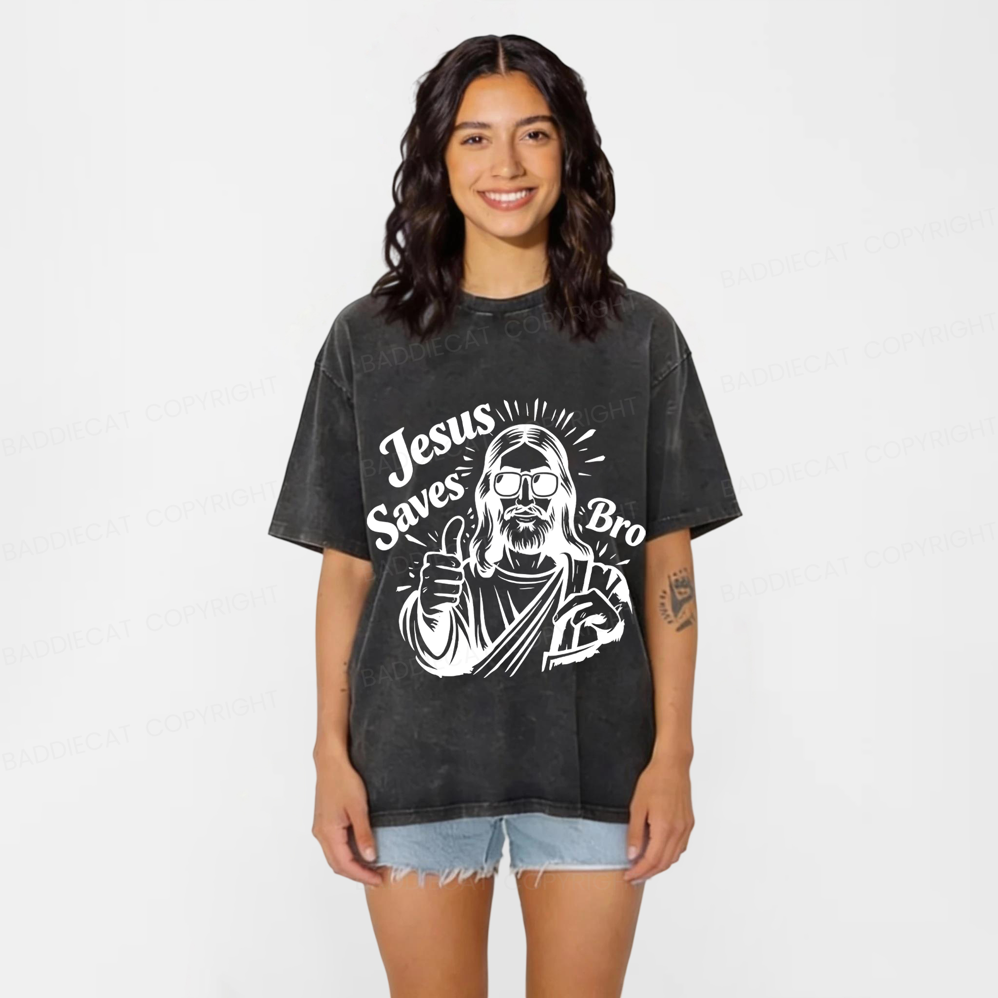 Baddiecat Jesus Saves Bro Washed T-shirt