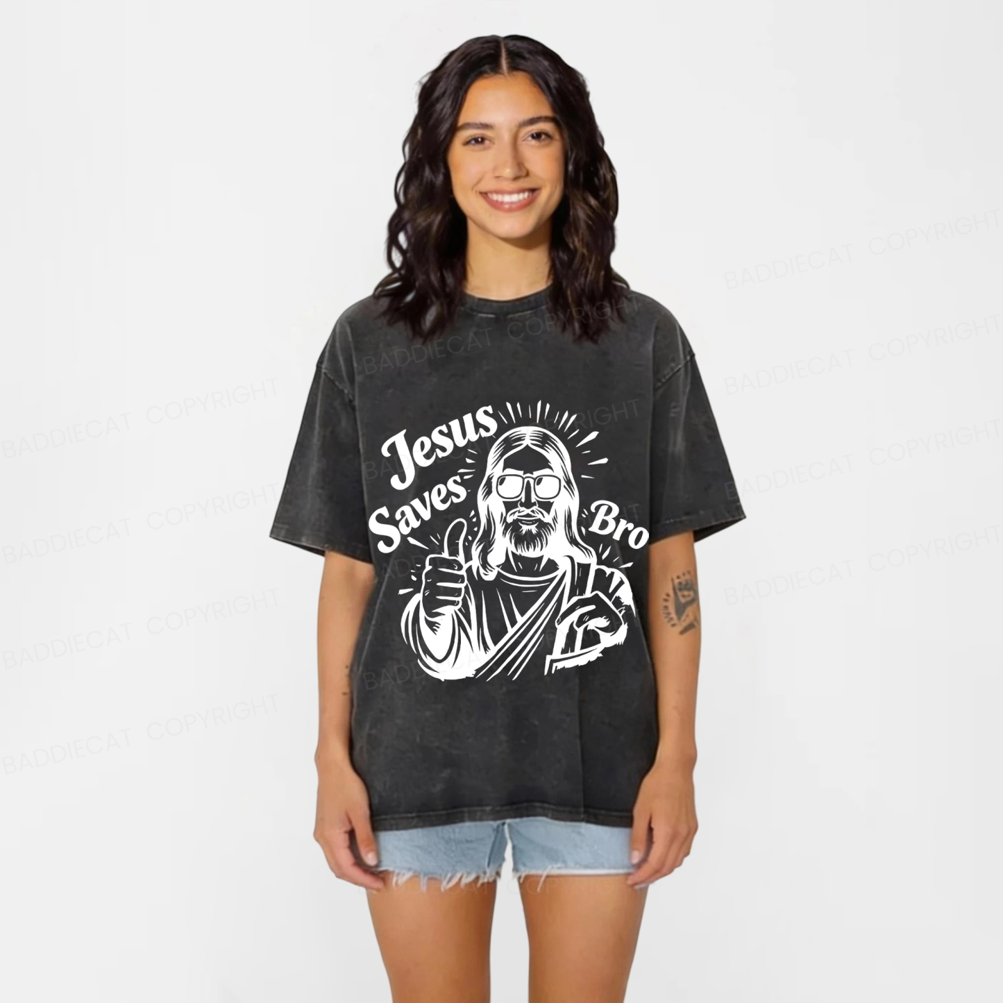 Baddiecat Jesus Saves Bro Washed T-shirt