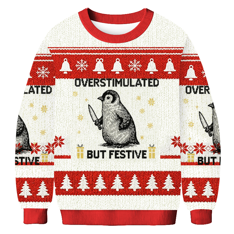Baddiecat Overstimulated But Festive Christmas Ugly Sweatshirt