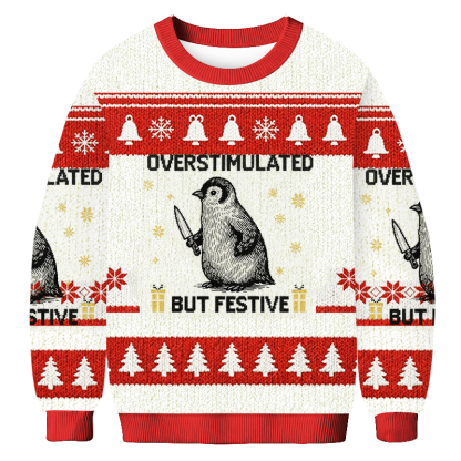 Baddiecat Overstimulated But Festive Christmas Ugly Sweatshirt