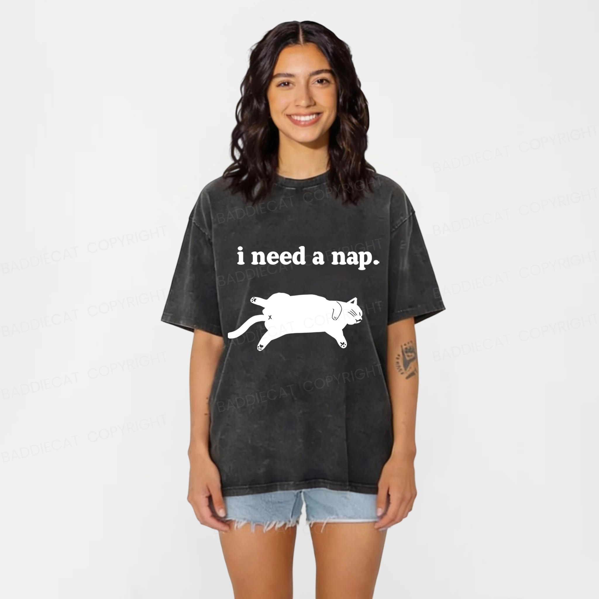 Baddiecat Cat I need A Nap Washed T-shirt