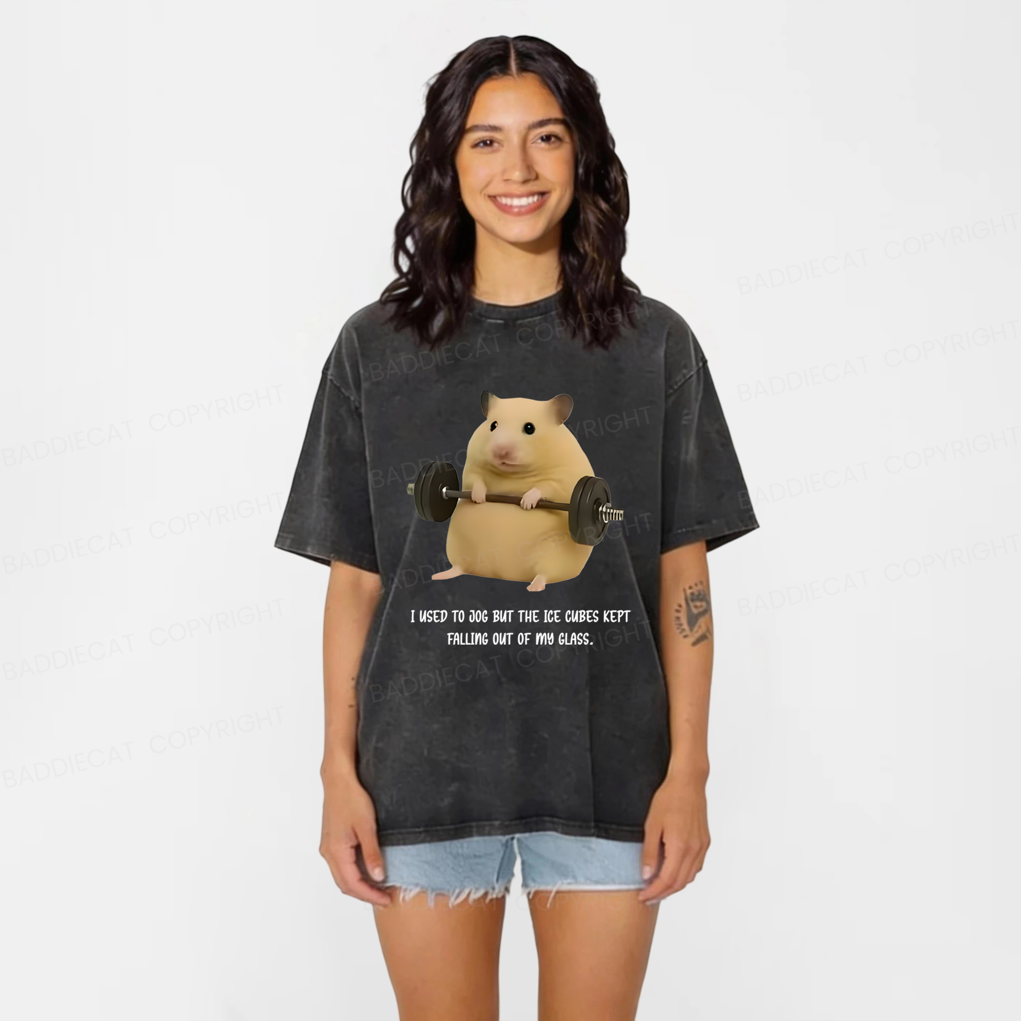 Baddiecat Hamster Fitness Funny Washed T-shirt