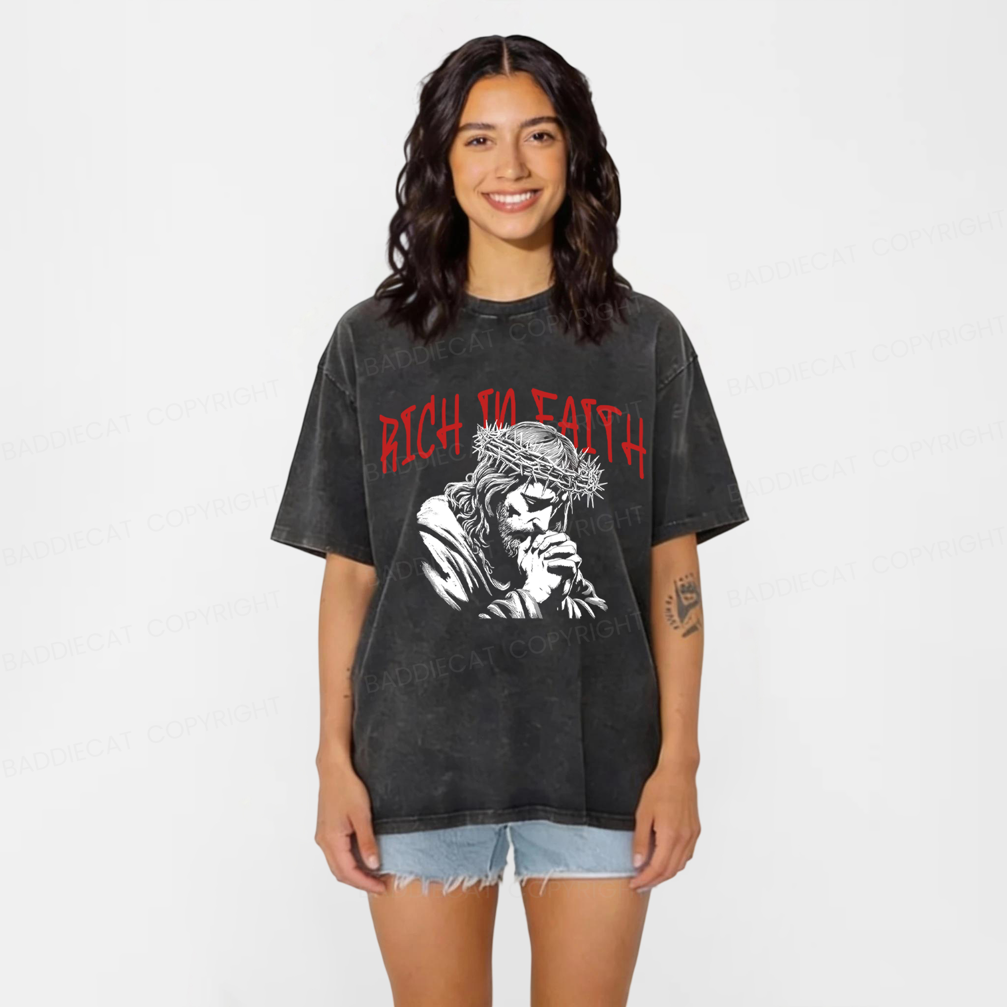 Baddiecat Jesus Rich In Faith Washed T-Shirt