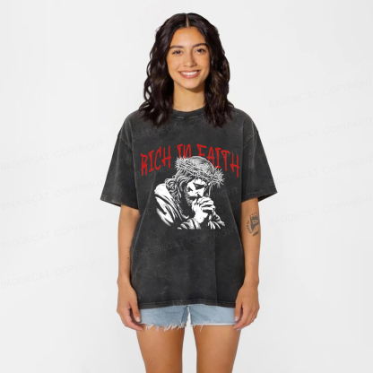 Baddiecat Jesus Rich In Faith Washed T-Shirt