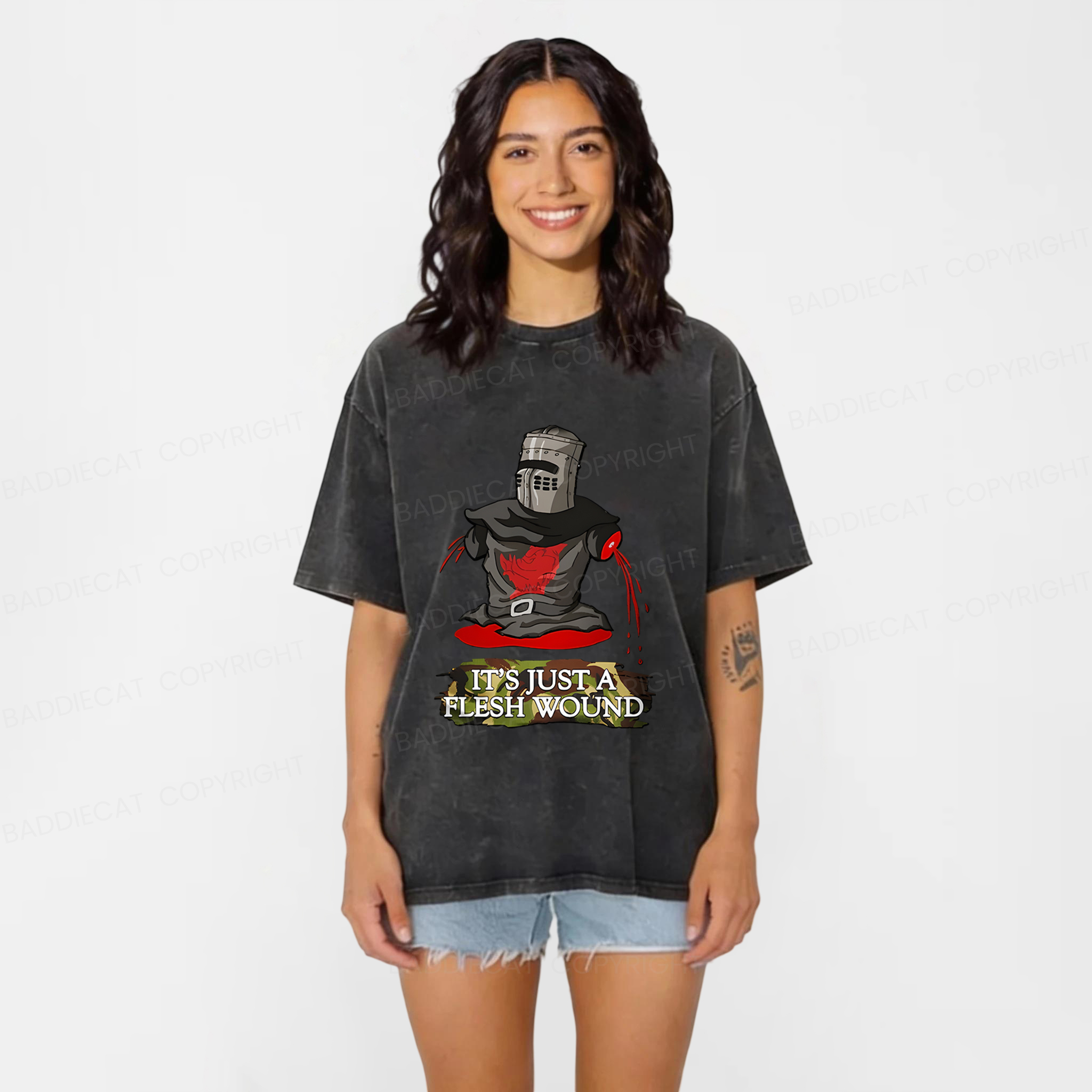 Baddiecat It's Just A Flesh Wound Funny Meme Washed T-shirt