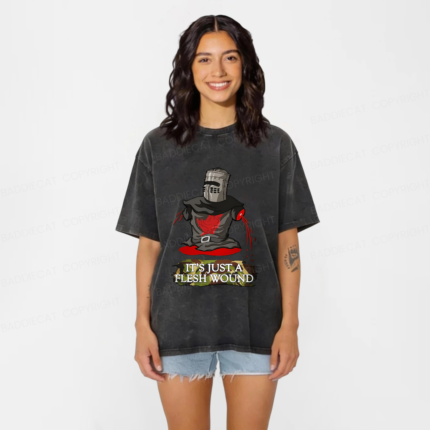 Baddiecat It's Just A Flesh Wound Funny Meme Washed T-shirt
