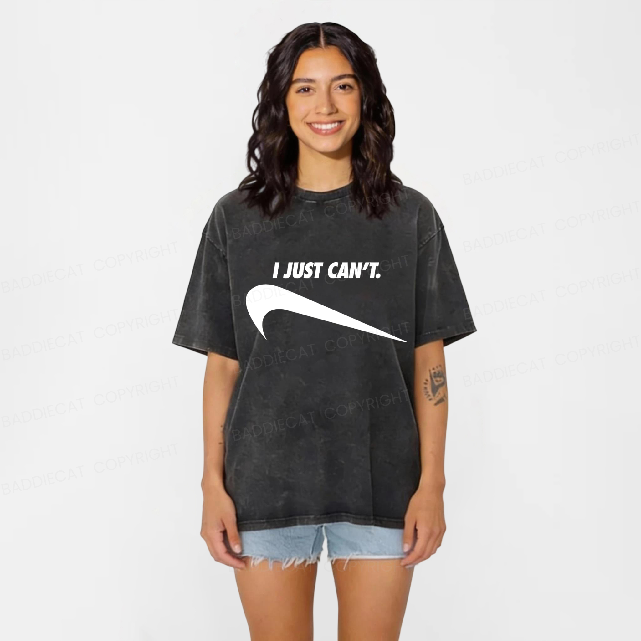 Baddiecat I Just Can't Funny Washed T-shirt