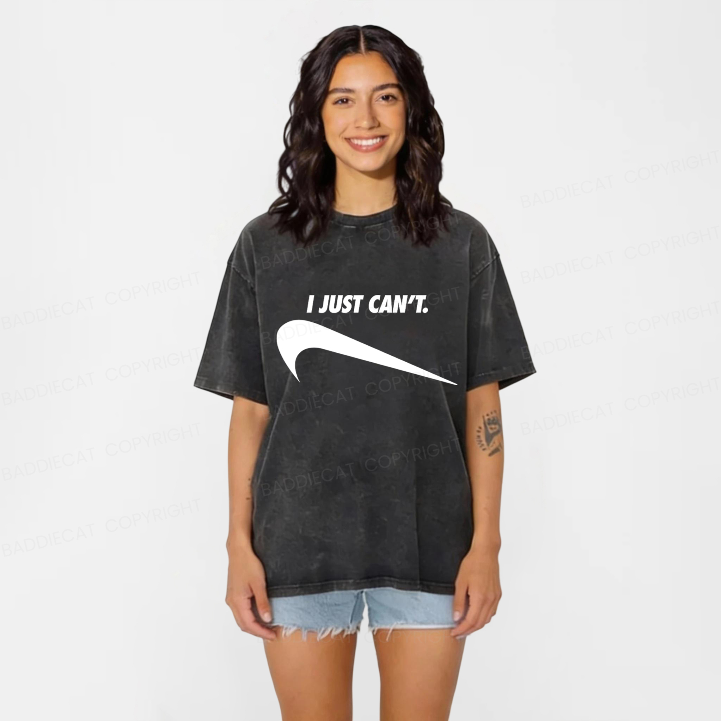 Baddiecat I Just Can't Funny Washed T-shirt