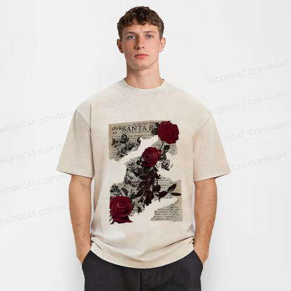 Baddiecat Printed With Rose Newspaper Pattern Washed T-shirt