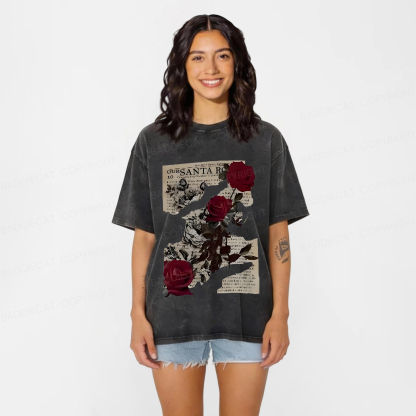 Baddiecat Printed With Rose Newspaper Pattern Washed T-shirt