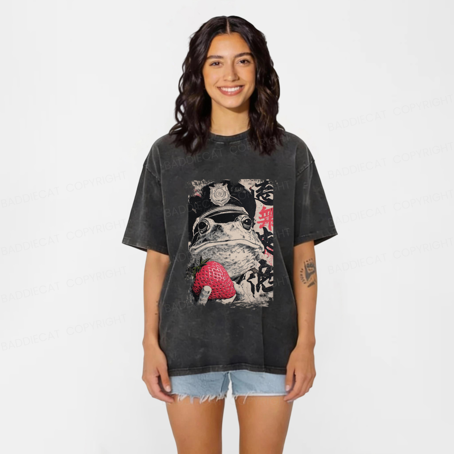 Baddiecat Distressed Strawberry Frog Washed T-shirt