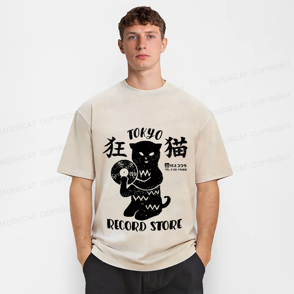 Baddiecat Japanese Tokyo Black Cat Record Store Washed T-shirt