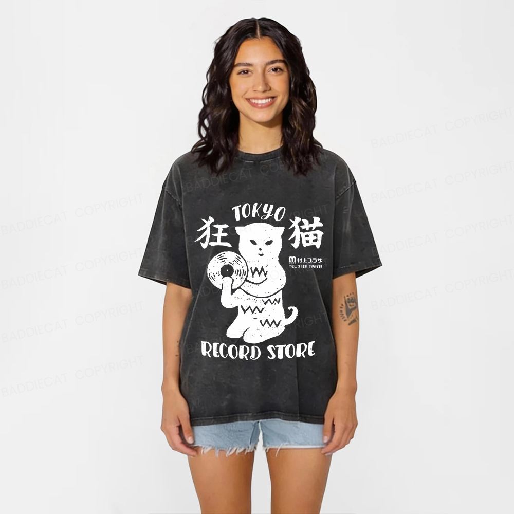 Baddiecat Japanese Tokyo Black Cat Record Store Washed T-shirt