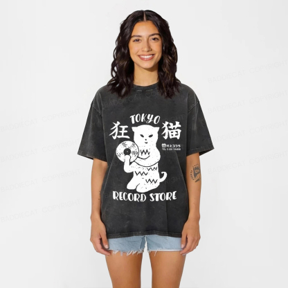 Baddiecat Japanese Tokyo Black Cat Record Store Washed T-shirt