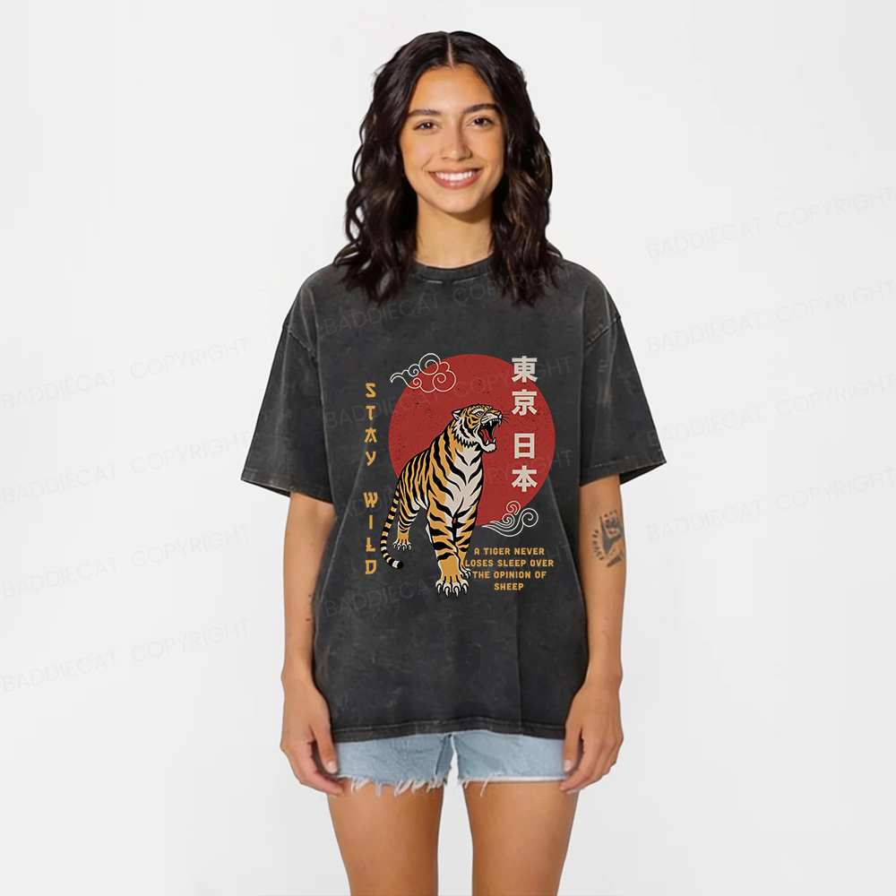 Baddiecat Japanese-style Tokyo Tiger Washed T-shirt